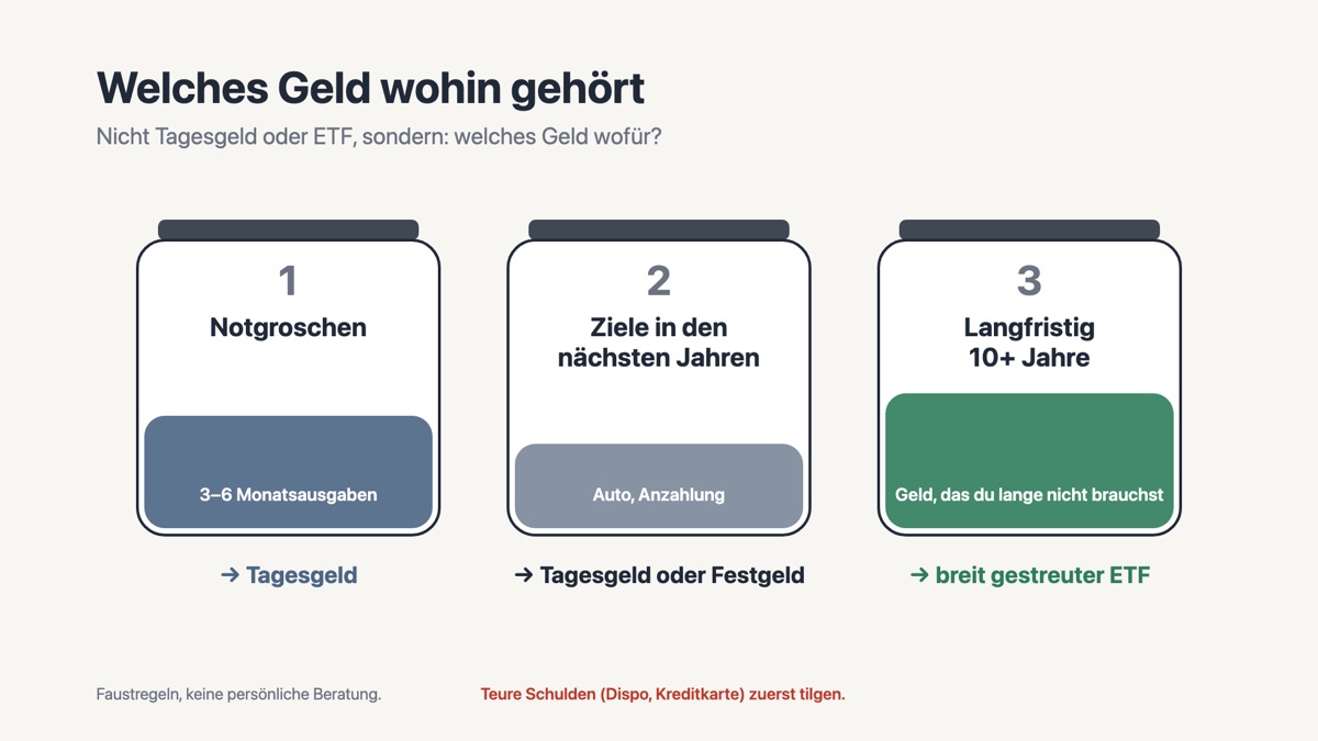 Grafik: drei Töpfe für Notgroschen, Ziele in den nächsten Jahren und langfristiges Geld
